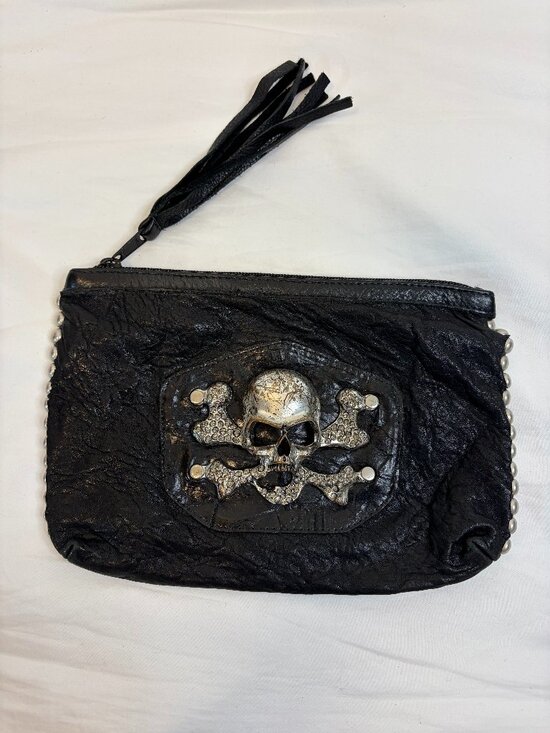 Leatherock Handbags - Leatherock USA Black Skull and Crossbone Studded Leather Clutch
